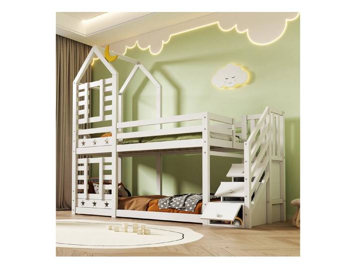 Flieks Etagenbett, Kinderbett Hausbett mit Stauraum unter der Treppe 90x200cm