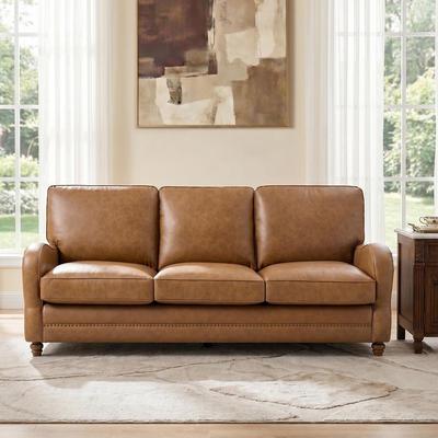 HULALA HOME Ignacia Traditional Genuine Leather Sofa with Nailhead