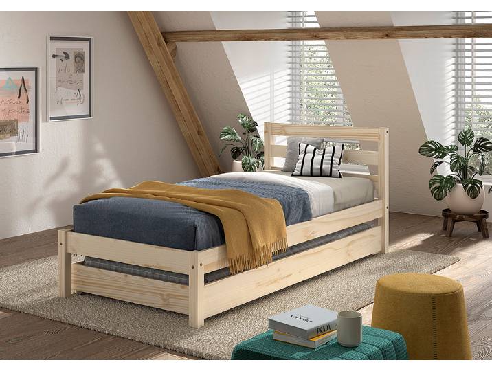 Lit simple avec lit d'appoint 90 x 200cm Beige/Marron/Pin