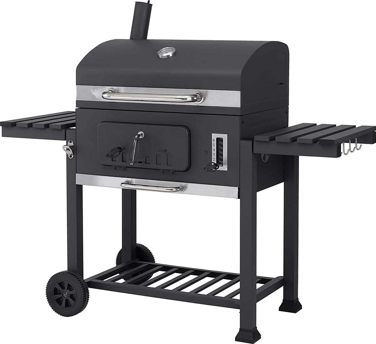Extra großer BBQ Holzkohlegrill - Grillwagen - Große Grillfläche - Doppelzone - Höhenverstellbare Kohlewanne - Gussaluminium - Porzellanemailliert - Klappbarer Seitentisch