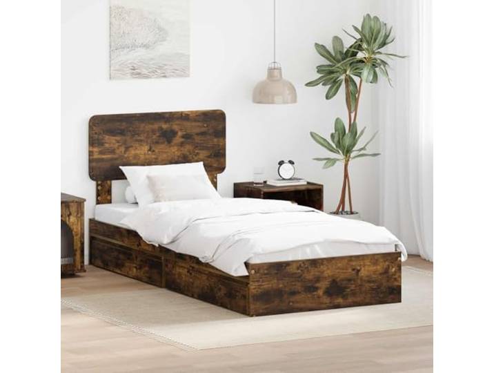 Stauraumbett Holzwerkstoff mit Schubladen elegant Schlafzimmer 90x200 Braun Stauraumbett Geräucherte Eiche 90x200 cm Holzwerkstoff mit Schubladen Lattenrost Kopfteil Platzsparendes Bettgestell