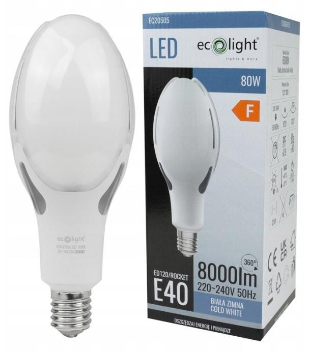 Eco Light LED straatlamp, 80W, E40 fitting, 8000 lumen, helder wit licht (6000K)