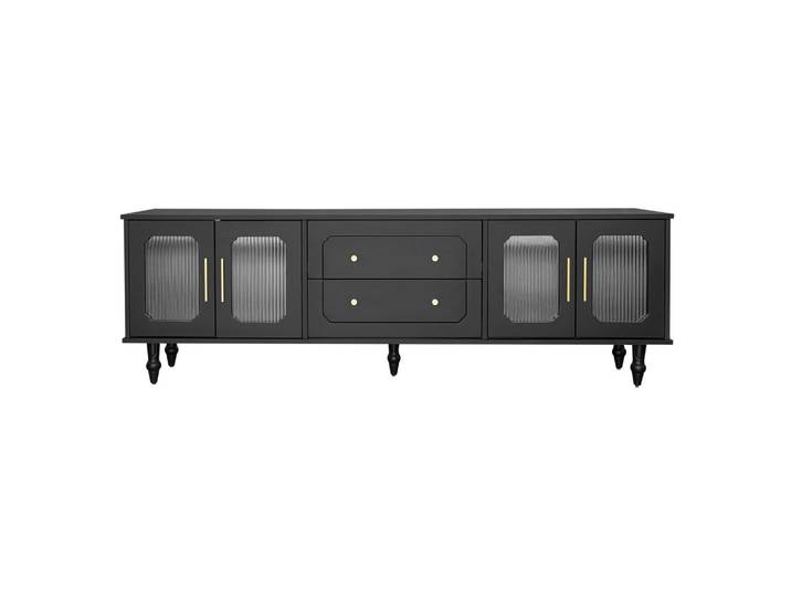 TV-LOWBOARD Schwarz & Gold 175 cm mit geriffeltem Glas & Retro-Design