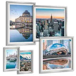 BILDER SET 5er Set - 50x50 cm & 20x30 cm & 40x60 cm Silberner Rahmen - Architektur von Städten am Wasser
