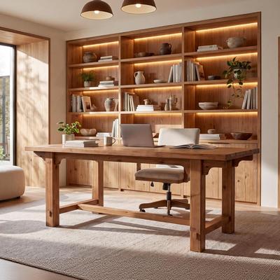 YUZHOU "63"" Farmhouse Solid Wood Executive Desk, Rectangular Office Table with Thick Trestle Legs, Rustic Computer Desk for Home Office"