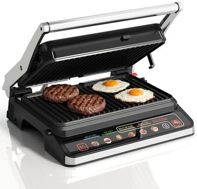 Royalcraft 1600W Electric Contact Grill Panini Press, 180 Degree Convertible Flat Grill with Removable Non-Stick Plates & Smart Control