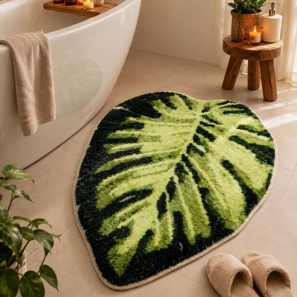 Groene badmat met bladeren van zacht polyester, 50 x 80 cm