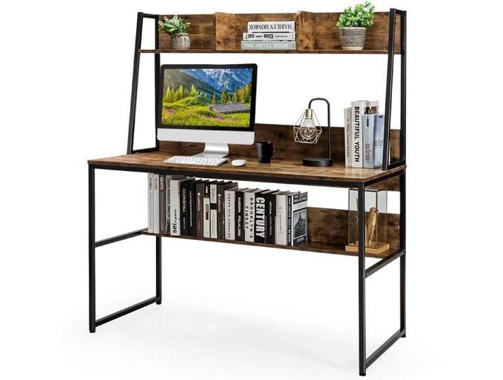 COSTWAY Bureau Industriel avec Bibliothèque de Rangement 120 x 57 x 140 cm Marron