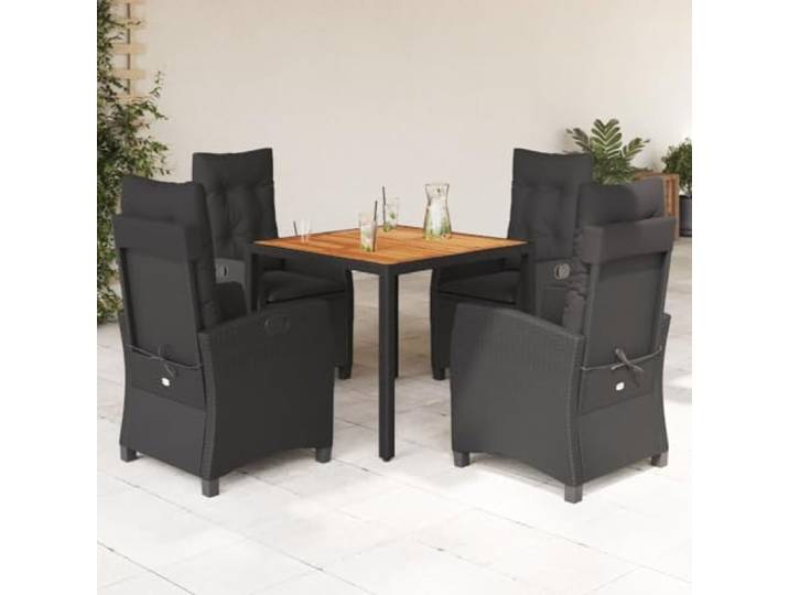 HEFZGDB 5-TLG. Garten-Essgruppe mit Kissen Schwarz Poly Rattan, Outdoor Esstischgruppe mit verstellbaren Sesseln und Akazienholz Tischplatte, pflegeleichtes PE Rattan Set