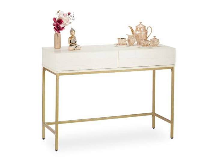 Relaxdays Konsolentisch, 2 Schubladen, Sideboard Flur, Wohnzimmer, Ablagetisch Holzoptik, HxBxT: 80x110x40 cm, weiß/Gold