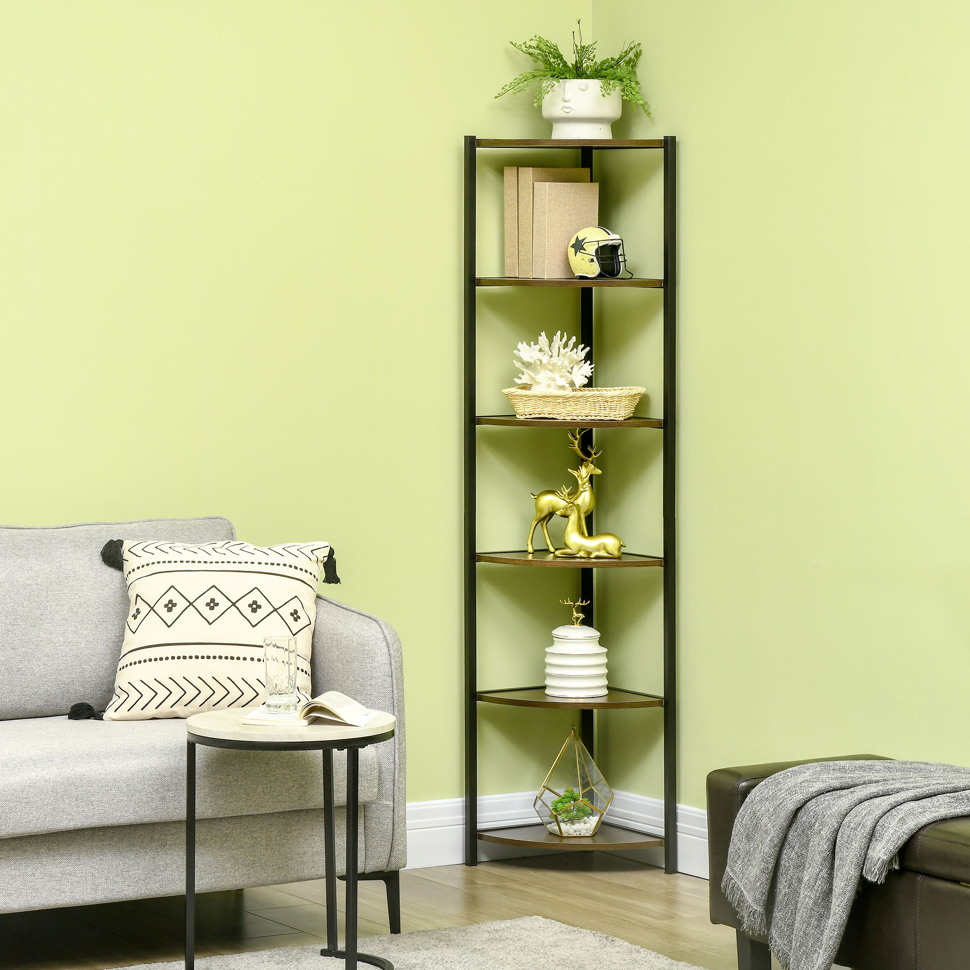 Homcom Libreria Moderna Angolare a 6 Ripiani in Metallo e MDF, 34x34x166cm, Marrone e Nero Aosom
