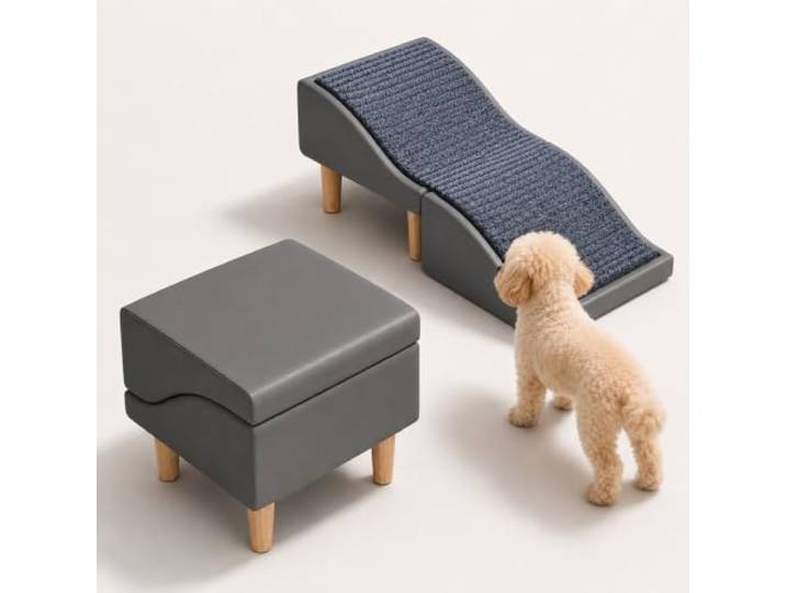 Hunderampe, Haustiertreppe, Klappbarer 2-in-1-Hocker, 80 cm 32°-Wellenneigung, abnehmbare Filzmatte und Holzrahmen für sicheren Alltag(Gray)
