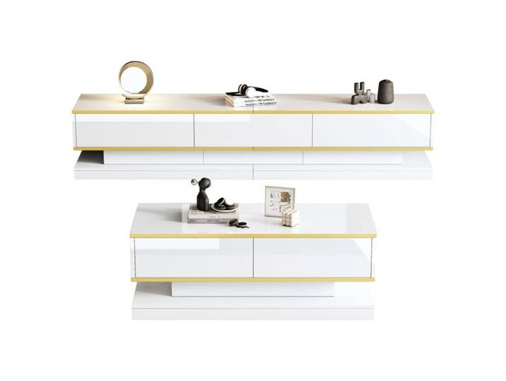 Kit moderne de table basse et d'appui pour la télévision Console TV avec 3 tiroirs Blanc Table basse avec 2 tiroirs