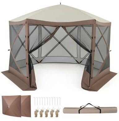 Costway Pop-up Gazebo 6-sided Instant Setup Screen House Hub Tent with Mesh Netting Walls-Coffee