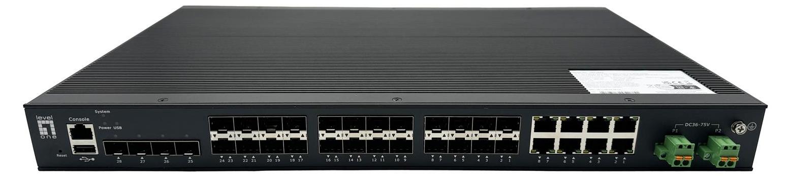 LevelOne 28-Port Managed Gigabit Industrial Glasfaser Switch der L2-Plus-Klasse mit 16 SFP-Anschlüssen für 1 Gigabit/s, Ist kompatibel mit 8 x Gigabit SFP/RJ45 Combo und 4 x 1/2.5GbE SFP, Redundantes Netzteil, -40°C bis 80°C, Managed, L2+, Rack-Einbau