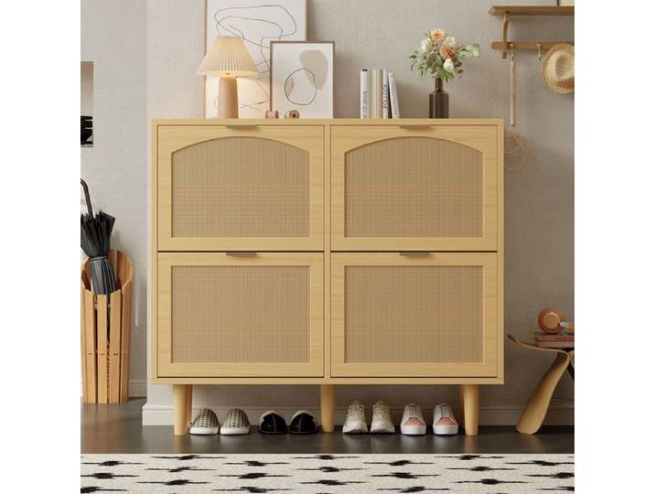 Armoire à chaussures - 4 tiroirs - Rotin ajouré - Chêne clair - 100x25x90 cm