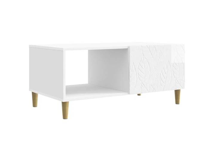 Couchtisch Weiß Hochglanz 90x50x40cm Holzwerkstoff,braune Eukalyptus-Beine,rechteckige Tischplatte, untere Ablage, einfache Montage
