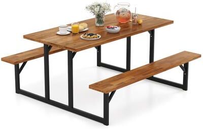 Costway 6-Person Acacia Wood Picnic Table with 2 Built-In Benches