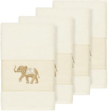 Authentic Hotel and Spa Turkish Cotton Elephants Embroidered Cream 4-piece Hand Towel Set