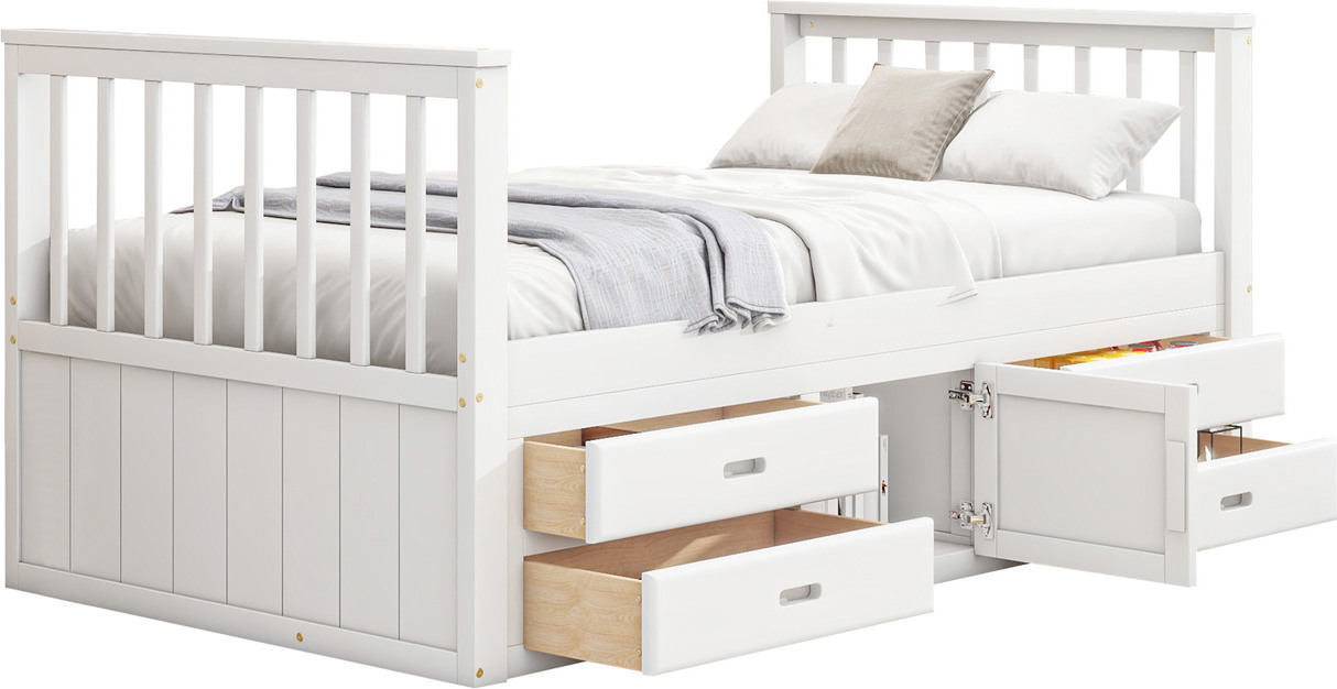 Podestbett,Kinderbett(Weiß,90x200cm)Podestbett mit 4 Schubladen,mit Stauschrank
