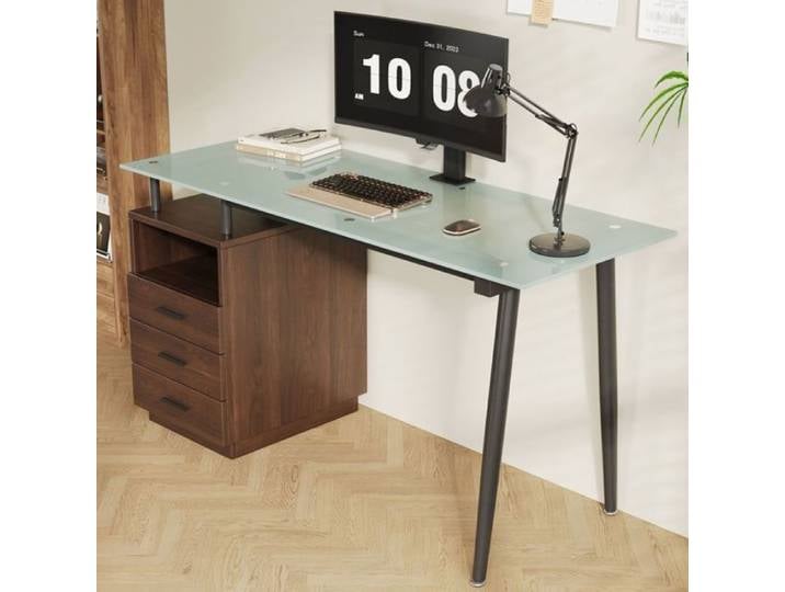 Table de Bureau en Verre Dépoli Bureau avec 3 Tiroirs Étagère Ouverte Pieds Noirs Design Moderne MDF et Acier Robuste BUREAU