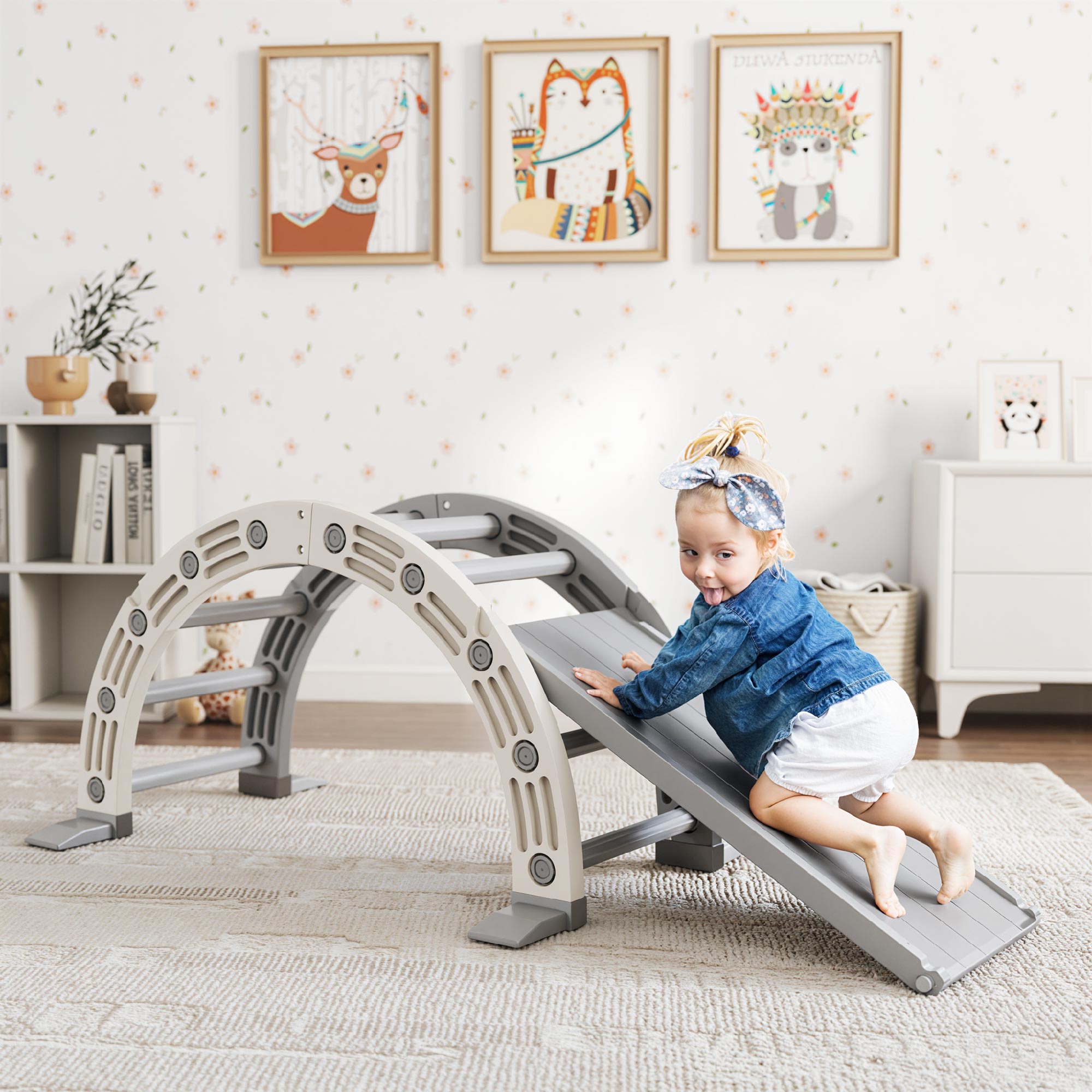 Aiyaplay Struttura per Arrampicata, per Bambini di 18-48 Mesi, 4 in 1 con Arco di Arrampicata, Dondolo, Rampa e Scivolo 164x70x57 cm, Grigio e Bianco   Aosom Italy