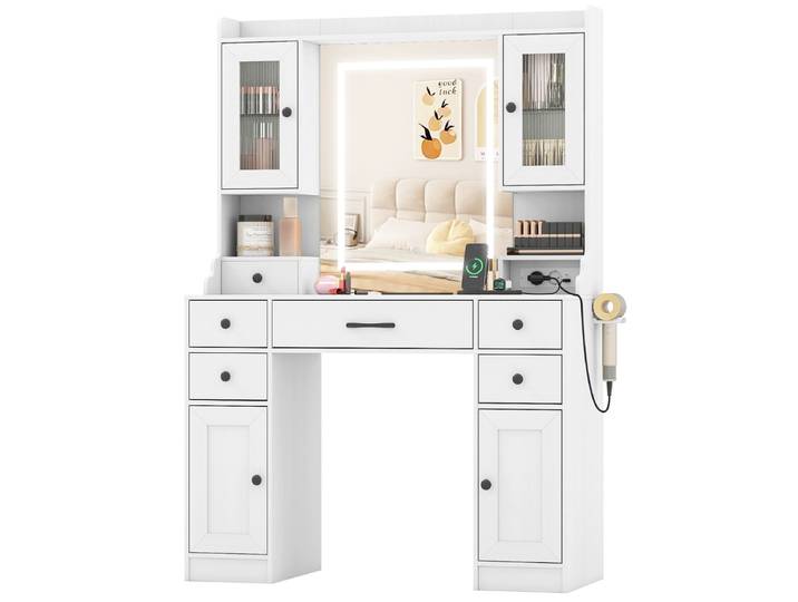 Make-uptafel met Spiegel en Verlichting Grote Make-uptafel met Stopcontacten Wit