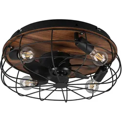 Deckenventilator mit Fernbedienung Deckenlampe Schlafzimmerlampe Wohnzimmerleuchte Kühler Lüfter, Metall schwarz Holzoptik, 3 Geschwindigkeiten Timer, 4x E27, D 48 cm