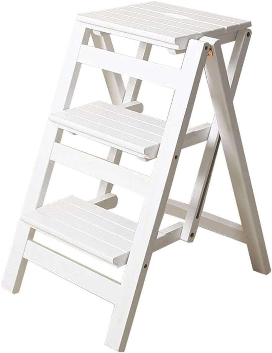 Houten Opvouwbare Ladderstoel - Keukentrap met 3 Treden - Wit