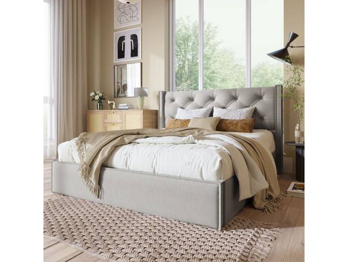 ROVRYN Lit coffre double 140 x 200 cm rembourré gris clair tête de lit capitonnée sommier à lattes inclus