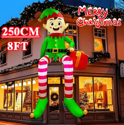 Inspire Picks 8FT Christmas Inflatable Sitting Elf With Gift Outdoor Inflatable Elf Decoration With Built In LED Lights as Pictured