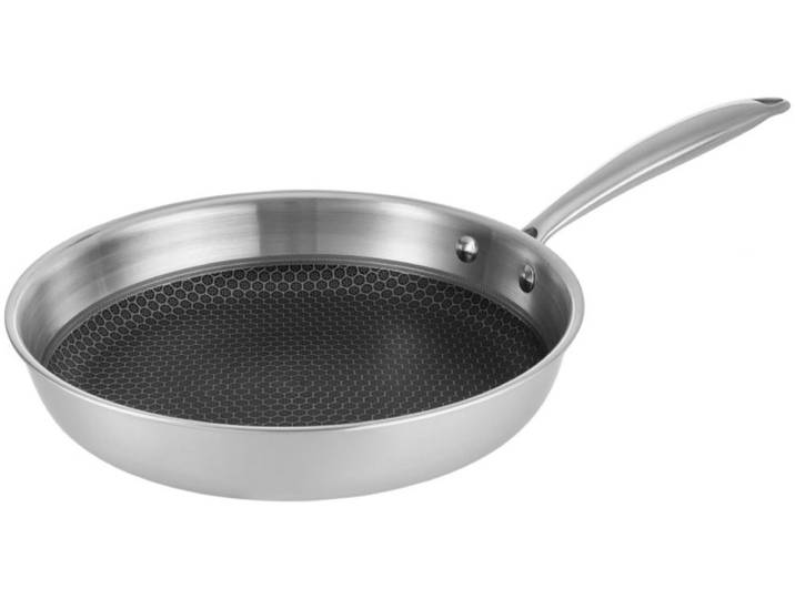 Bratpfanne RESTO KITCHENWARE Achird Pfanne aus Tri-Ply (Edelstahl + Aluminium + Edelstahl) ofenfest , silber (silberfarben), H:5,3cm L:49cm Ø:26cm, Pfannen, Bratpfanne, Die 3-schichtige Basis ermöglicht eine Energieeinsparung von 25%