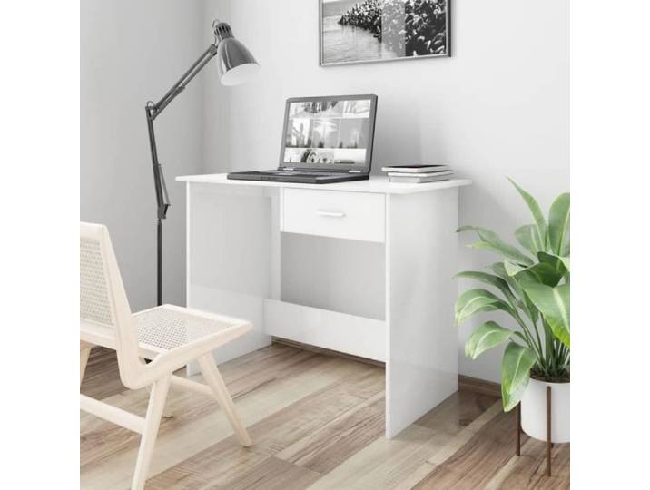 Bureau Blanc Table de bureau-Bureau d'ordinateur informatiquebrillant 100 x 50 x 76 cm Aggloméré