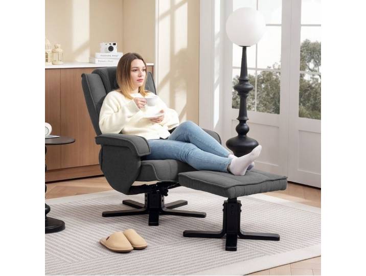 ROVRYN Fauteuil relax pivotant 360° inclinable 135° avec repose-pieds aspect velours gris foncé