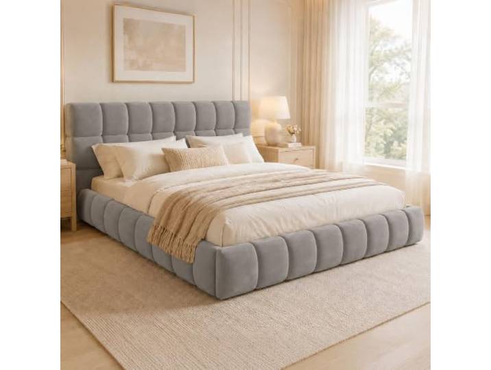 Merax Polsterbett 140x200 cm Jugendbett Doppelbett mit weicher Rückenlehne, Polsterumrandung – Samtgrau (Ohne Matratze)