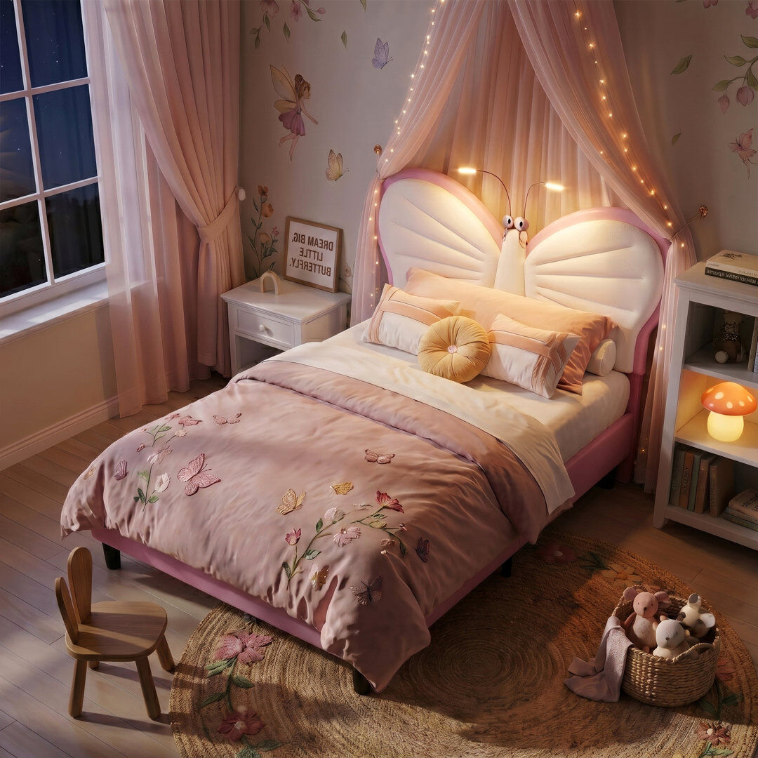 Fairmont Park EU & UK Single Children's Butterfly Upholstered Bed with Reading Lights, Height-Adjustable Velvet & PU Headboard, Pink/Blue, 90x190/200cm Pink Single (3')