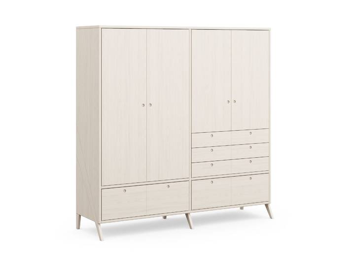 Naturwohnen Massivholz Kleiderschrank 200x198x61cm Natürlich Weiß lasiert Serie Vireo Türen & Schubladen mit Soft Close mit bioola® colour