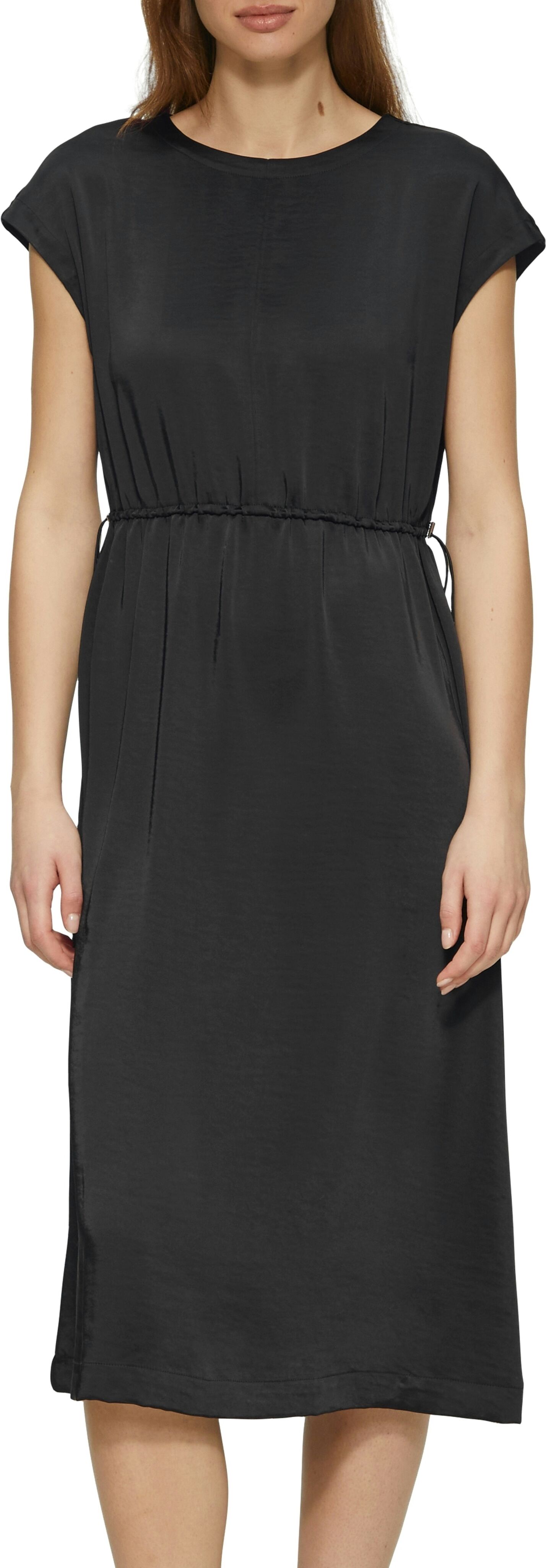A-Linien-Kleid S.OLIVER, Damen, Gr. 44, N-Gr, Kurzarm, Web, schwarz, Web, Obermaterial: 100% Polyester, unifarben, A-Linie kniebedeckend, Rundhals, Kleider A-Linien-Kleid, mit überschnittenen Schultern schwarz 44, N-Gr, Kurzarm, Web