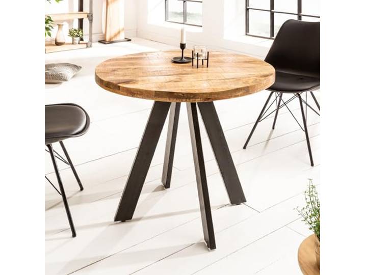invicta INTERIOR Esstisch Iron Craft 80cm - schwarz Natur - Mangoholz Handarbeit, massiv, 3-Sitzplätze, rund, hochwertig, angenehme Haptik, höhenverstellbaren Füße, Metallgestell