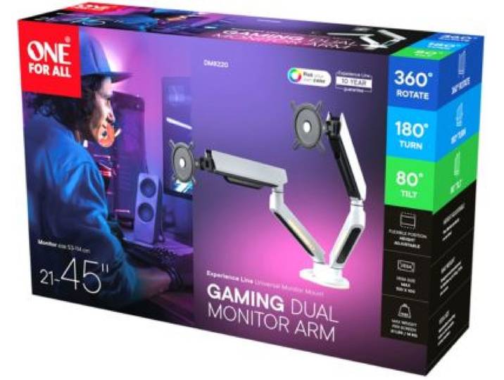One For All - Support Écran Pc 2 Écrans 21/45'' Blanc Rgb Inclinable