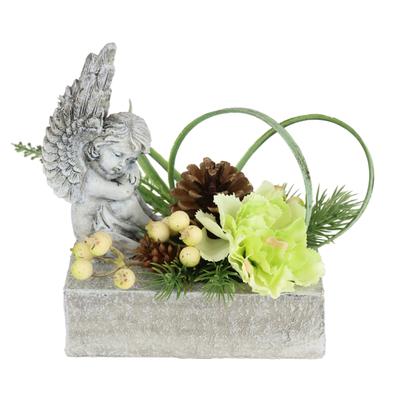 Kunstblume OTTO HOME "Kunstblumen-Gesteck 'Nelke' mit Engel in Pflanzschale", grün, B:9cm H:17cm L:15cm, Kunstpflanzen, Pflanzschale mit Engelfigur und Blütendekoration