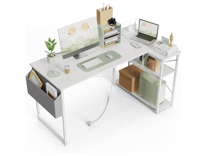 Bureau d'Angle en L Réversible 100x70cm avec Multiprise Intégrée Table Ordinateur Blanche Étagères Rangement