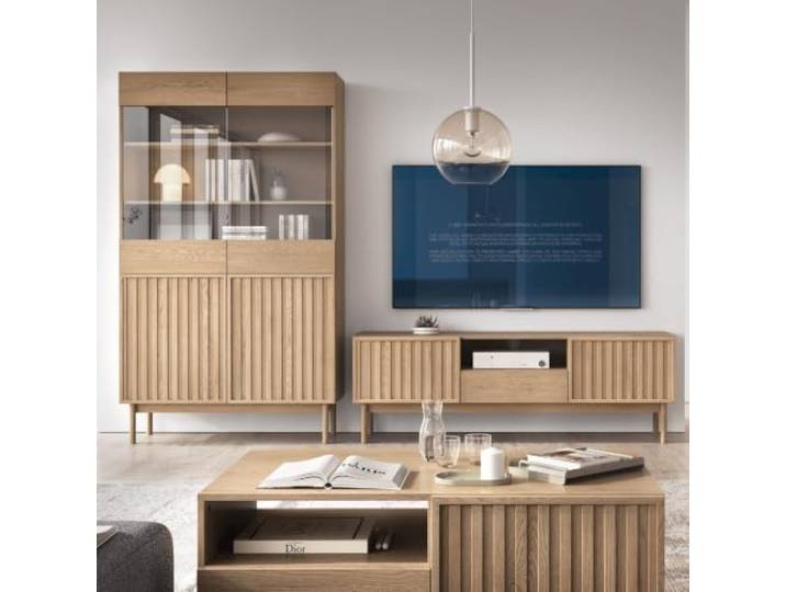 BEAUTY SOFA Wohnzimmer-Set 2-teilig Sapporo mit Vitrine und TV-Schrank, Lamellenfront, Push-to-Open, Japandi Design, Eiche-Optik