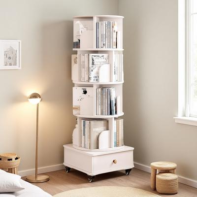 ZWYO HOSIMU "57""H 5-Tier Wooden Rotating Bookshelf with Drawer, 360° Display Corner Bookcase, Floor Standing Storage Rack for Bedroom"