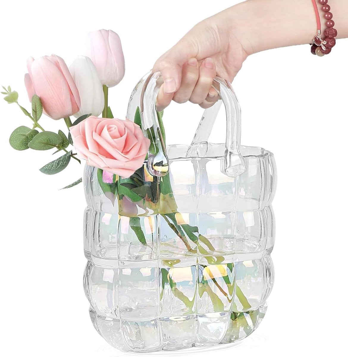 SnelShoppen Grote Handgemaakte Glasvaas met Handvat voor Bloemen en Fruit, Hoogte: 28 cm