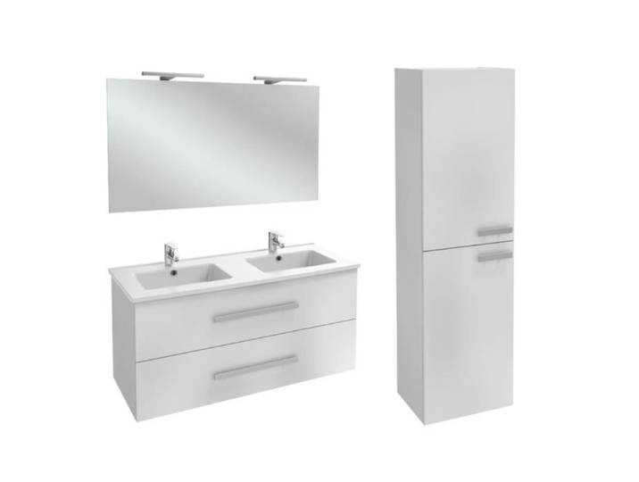 Pack meuble double vasque 120 cm JACOB DELAFON Ola Up blanc + colonne + miroir + spot