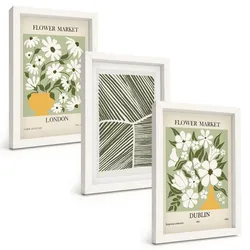 BILDER SET 3er Set - 20x30 cm Weißer Rahmen - Blumenmuster London Dublin