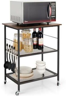 Costway 3-Tier Kitchen Serving Cart Utility Standing Microwave Rack with Hooks Brown