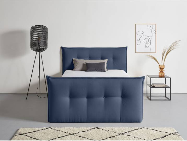 Boxspringbett, Struktur, Blau, 175×226 cm, Mit Fußteil, Bettkasten & Topper, Skandinavisch, andas