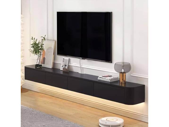 BIGYOUZI Schwebender TV-Schrank aus massivem Holz,Wand TV Schranks mit lockers Schwarz 240 * 30 * 20CM Mit LED-Licht